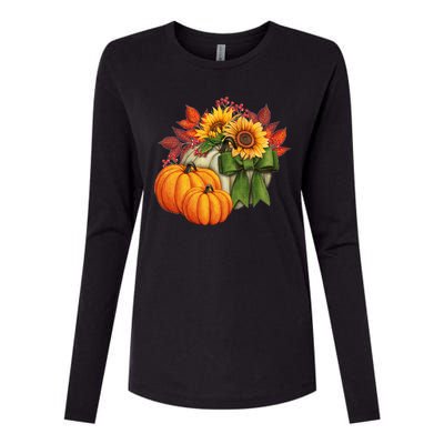 Pumpkin Sunflower Cute Floral Fall Autumn Season Womens Cotton Relaxed Long Sleeve T-Shirt