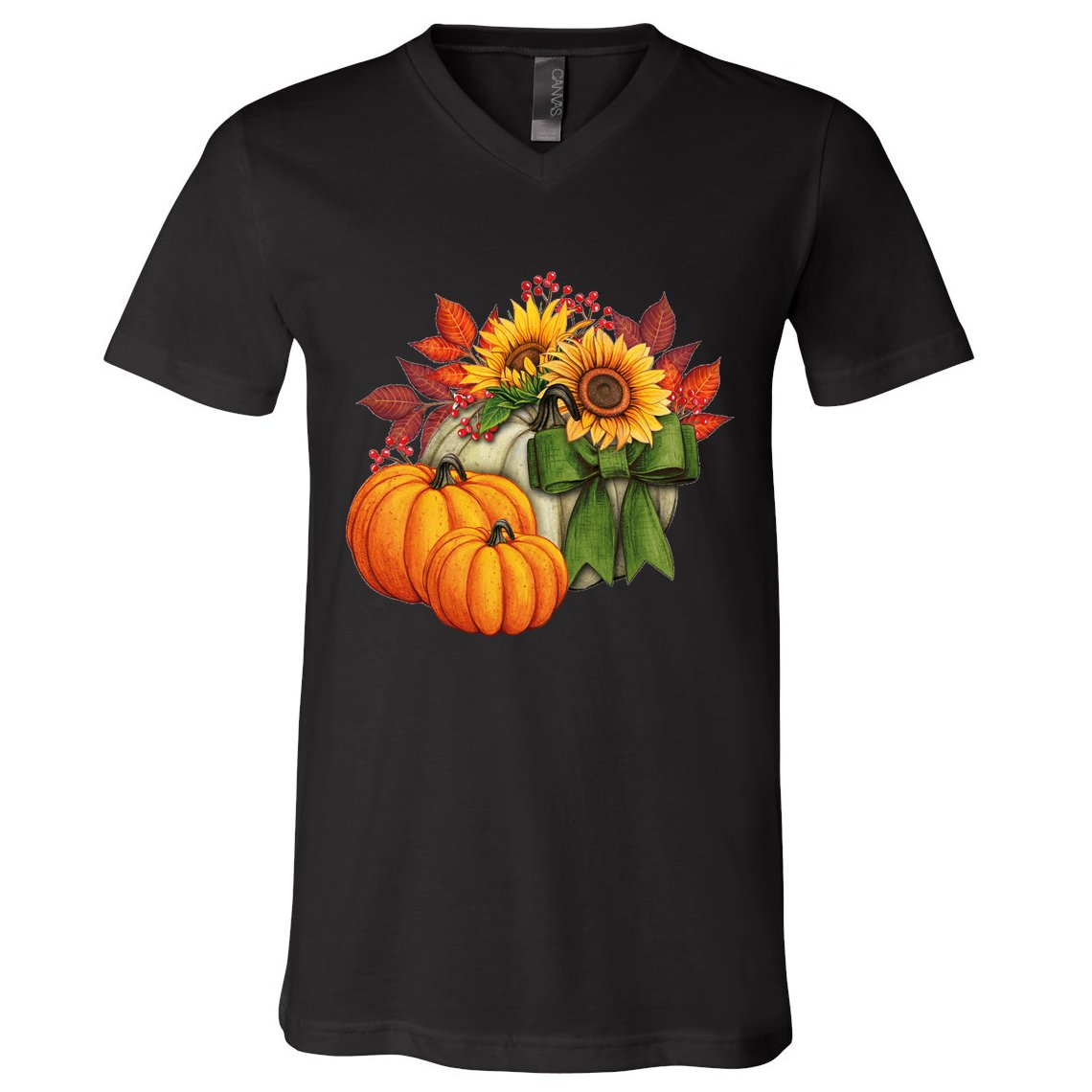 Pumpkin Sunflower Cute Floral Fall Autumn Season V-Neck T-Shirt