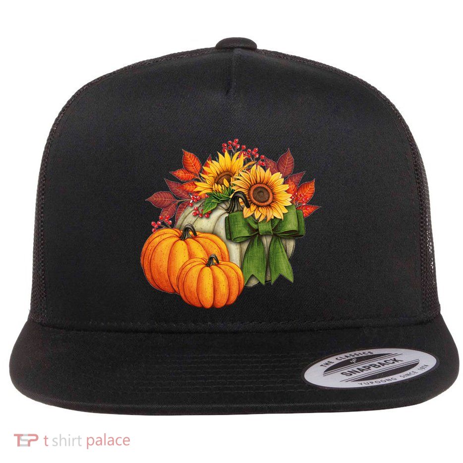 Pumpkin Sunflower Cute Floral Fall Autumn Season Flat Bill Trucker Hat