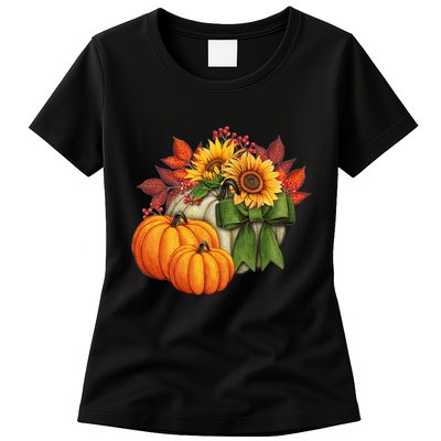 Pumpkin Sunflower Cute Floral Fall Autumn Season Womens T-Shirt