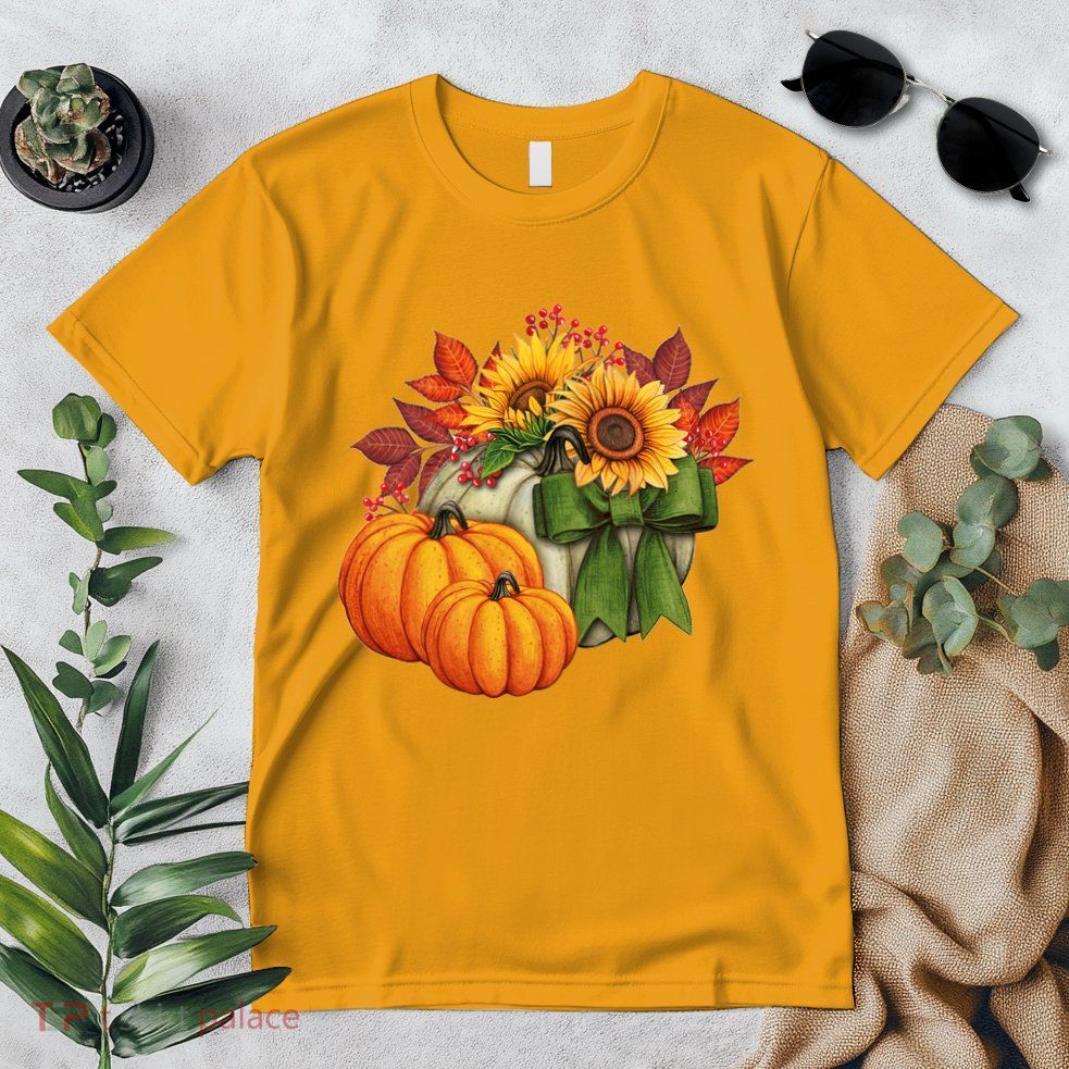 Pumpkin Sunflower Cute Floral Fall Autumn Season Premium T-Shirt