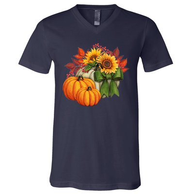 Pumpkin Sunflower Cute Floral Fall Autumn Season V-Neck T-Shirt