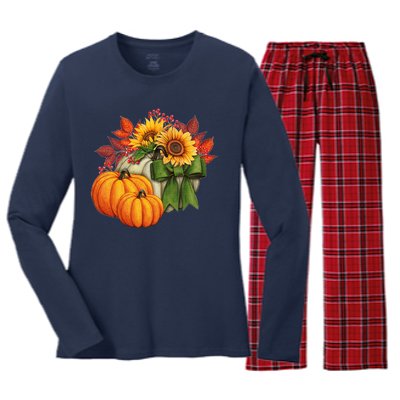 Pumpkin Sunflower Cute Floral Fall Autumn Season Women's Long Sleeve Flannel Pajama Set 