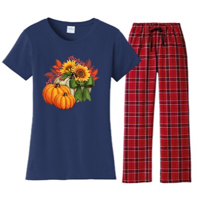 Pumpkin Sunflower Cute Floral Fall Autumn Season Women's Flannel Pajama Set