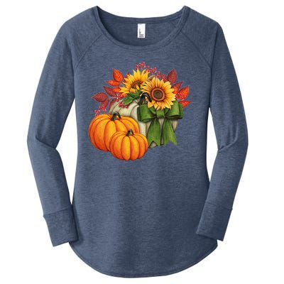 Pumpkin Sunflower Cute Floral Fall Autumn Season Women's Perfect Tri Tunic Long Sleeve Shirt