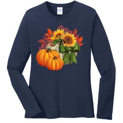 Pumpkin Sunflower Cute Floral Fall Autumn Season Ladies Long Sleeve Shirt