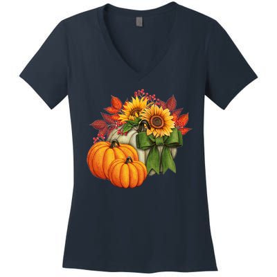 Pumpkin Sunflower Cute Floral Fall Autumn Season Women's V-Neck T-Shirt