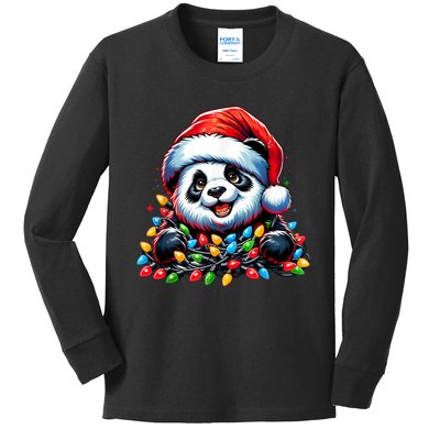 Panda Santa Christmas Light Christmas Panda Pajamas Kids Long Sleeve Shirt