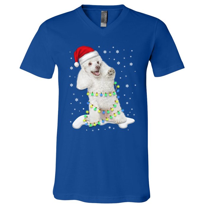 Poodle Santa Christmas Tree Lights Xmas Gift V-Neck T-Shirt