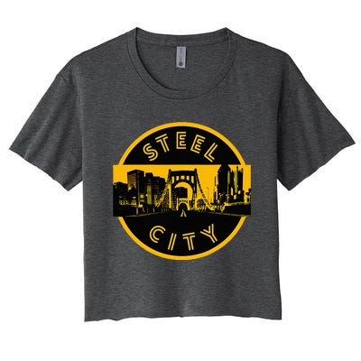 Pittsburgh Steel City Retro Skyline Bridge Pride Women's Crop Top Tee