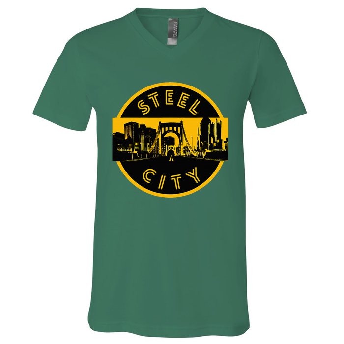 Pittsburgh Steel City Retro Skyline Bridge Pride V-Neck T-Shirt