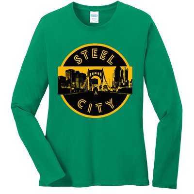 Pittsburgh Steel City Retro Skyline Bridge Pride Ladies Long Sleeve Shirt