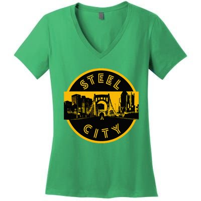 Pittsburgh Steel City Retro Skyline Bridge Pride Women's V-Neck T-Shirt