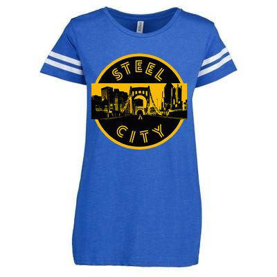 Pittsburgh Steel City Retro Skyline Bridge Pride Enza Ladies Jersey Football T-Shirt