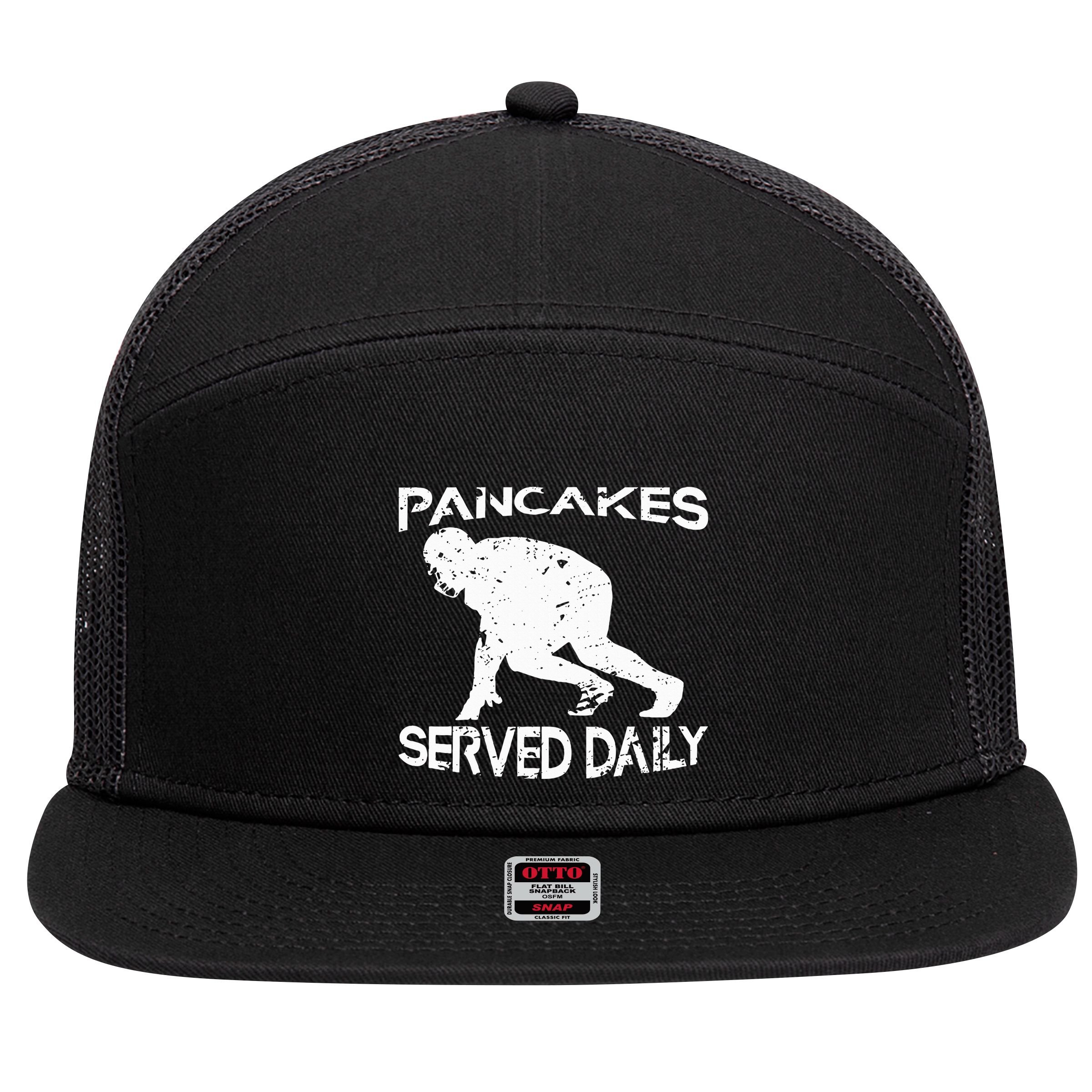Pancakes Served Daily Funny Offensive Lineman Football 7 Panel Mesh Trucker Snapback Hat