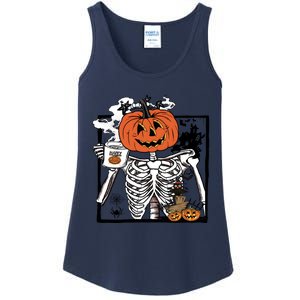 Pumpkin Skeleton Drinking Coffee Funny Halloween Costume Ladies Essential Tank