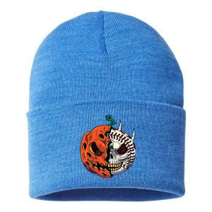 Pumpkin Skull Design For Funny Halloween Baseball Player Sustainable Knit Beanie