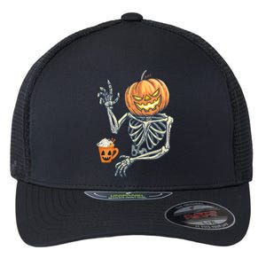 Pumpkin Skeleton Drinking Coffee Flexfit Unipanel Trucker Cap