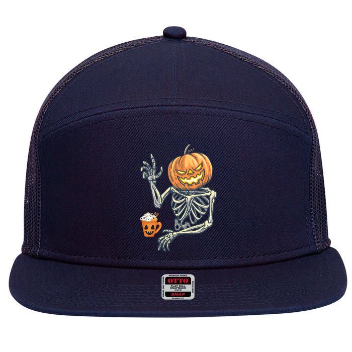 Pumpkin Skeleton Drinking Coffee 7 Panel Mesh Trucker Snapback Hat