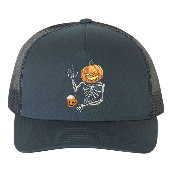 Pumpkin Skeleton Drinking Coffee Yupoong Adult 5-Panel Trucker Hat