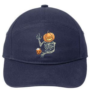 Pumpkin Skeleton Drinking Coffee 7-Panel Snapback Hat