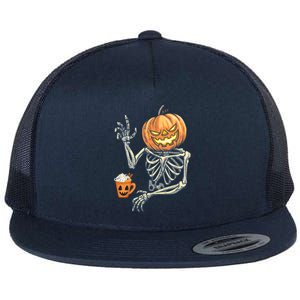 Pumpkin Skeleton Drinking Coffee Flat Bill Trucker Hat