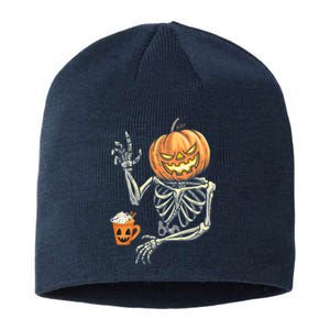 Pumpkin Skeleton Drinking Coffee Sustainable Beanie