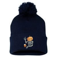 Pumpkin Skeleton Drinking Coffee Pom Pom 12in Knit Beanie