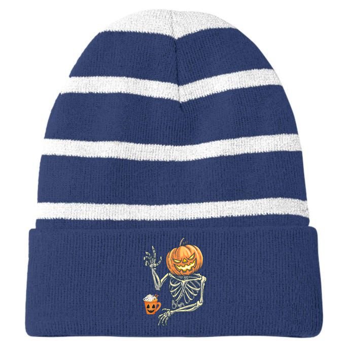 Pumpkin Skeleton Drinking Coffee Striped Beanie with Solid Band