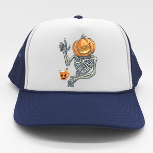 Pumpkin Skeleton Drinking Coffee Trucker Hat