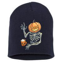 Pumpkin Skeleton Drinking Coffee Short Acrylic Beanie