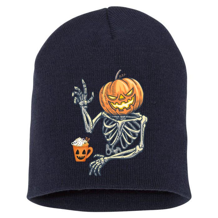 Pumpkin Skeleton Drinking Coffee Short Acrylic Beanie