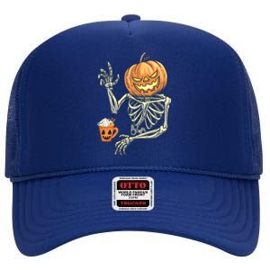 Pumpkin Skeleton Drinking Coffee High Crown Mesh Back Trucker Hat