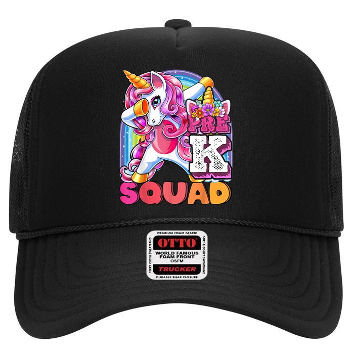 PreK Squad Dabbing Unicorn Back To School Girl Gift High Crown Mesh Back Trucker Hat