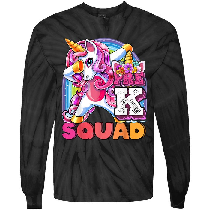 PreK Squad Dabbing Unicorn Back To School Girl Gift Tie-Dye Long Sleeve Shirt