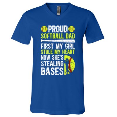 Proud Softball Dad Of A Softball Player Dad Softball Father Gift V-Neck T-Shirt