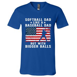 Patriotic Softball Dad Like A Baseball Dad Gift V-Neck T-Shirt