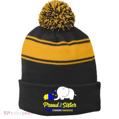 Proud Sister Down Syndrome Awareness Elephant Stripe Pom Pom Beanie