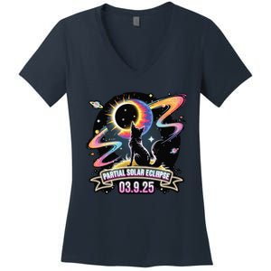 Partial Solar Eclipse 2025 Cat Lover Astronomy 3.29.25 Women's V-Neck T-Shirt