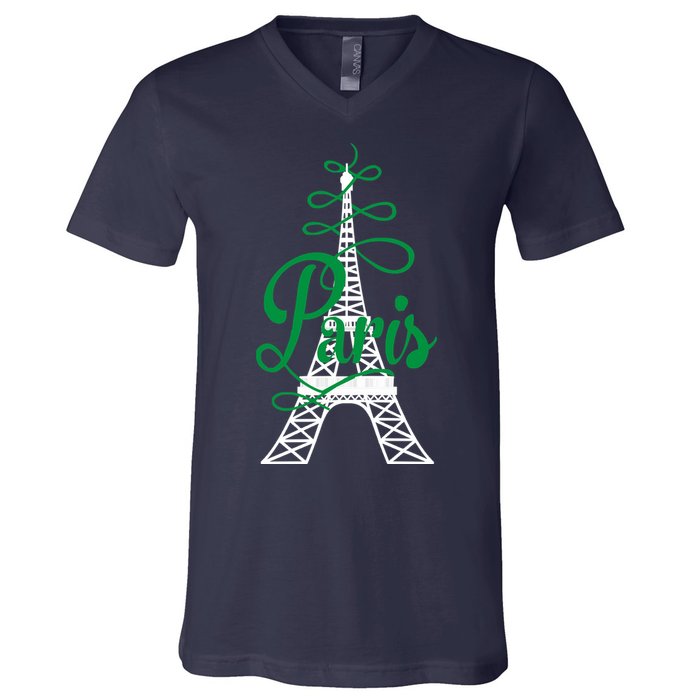Paris Script Eiffel Tower French France V-Neck T-Shirt