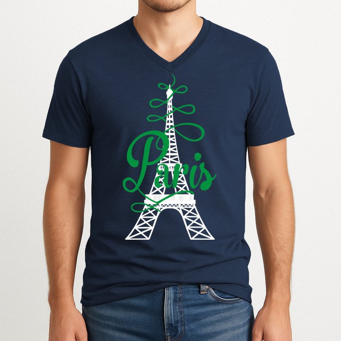 Paris Script Eiffel Tower French France V-Neck T-Shirt