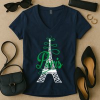 Paris Script Eiffel Tower French France Women's V-Neck T-Shirt