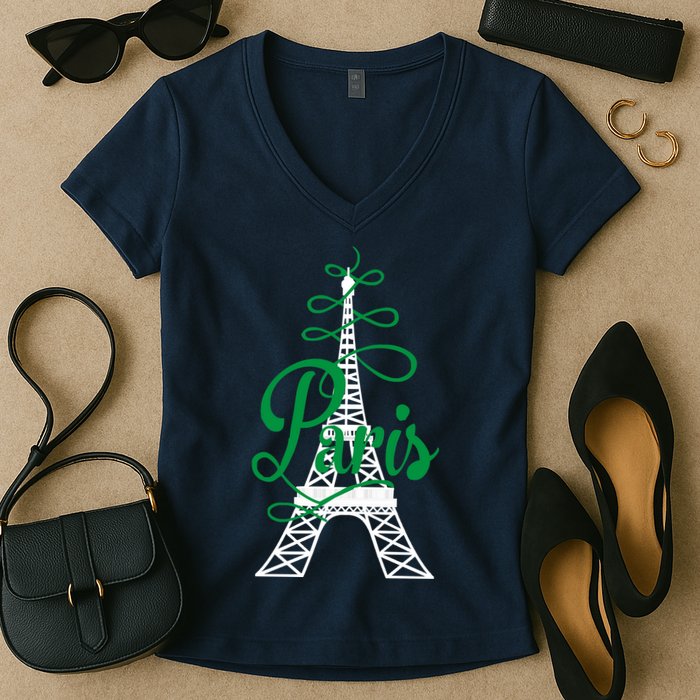Paris Script Eiffel Tower French France Women's V-Neck T-Shirt