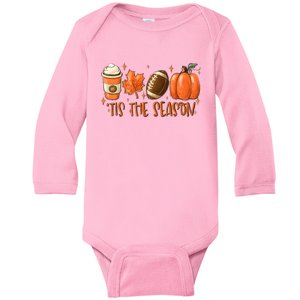 Pumpkin Spice Football Tis The Season Fall Thanksgiving Gift Baby Long Sleeve Bodysuit