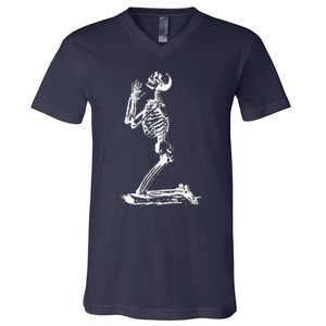 Praying Skeleton Funny Cool Morbid Prayer Design V-Neck T-Shirt