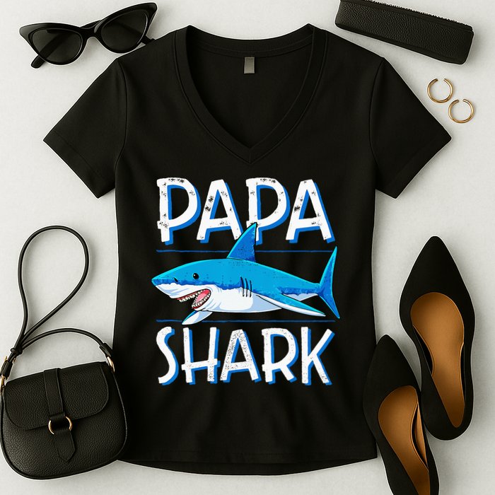 Papa Shark Family Matching Dad Daddy Jawsome Women's V-Neck T-Shirt