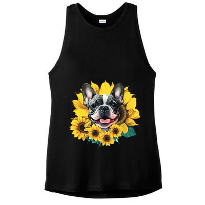 Preppy Sunflower Frenchie Ladies PosiCharge Tri-Blend Wicking Tank