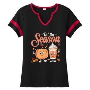 Pumpkin Spice Football Tis The Season Fall Thanksgiving Gift Ladies Halftime Notch Neck Tee