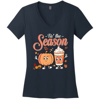 Pumpkin Spice Football Tis The Season Fall Thanksgiving Gift Women's V-Neck T-Shirt