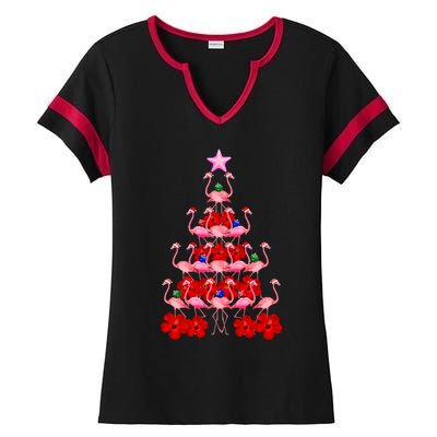 Pink Santa Flamingo Christmas Tree Gift Ladies Halftime Notch Neck Tee